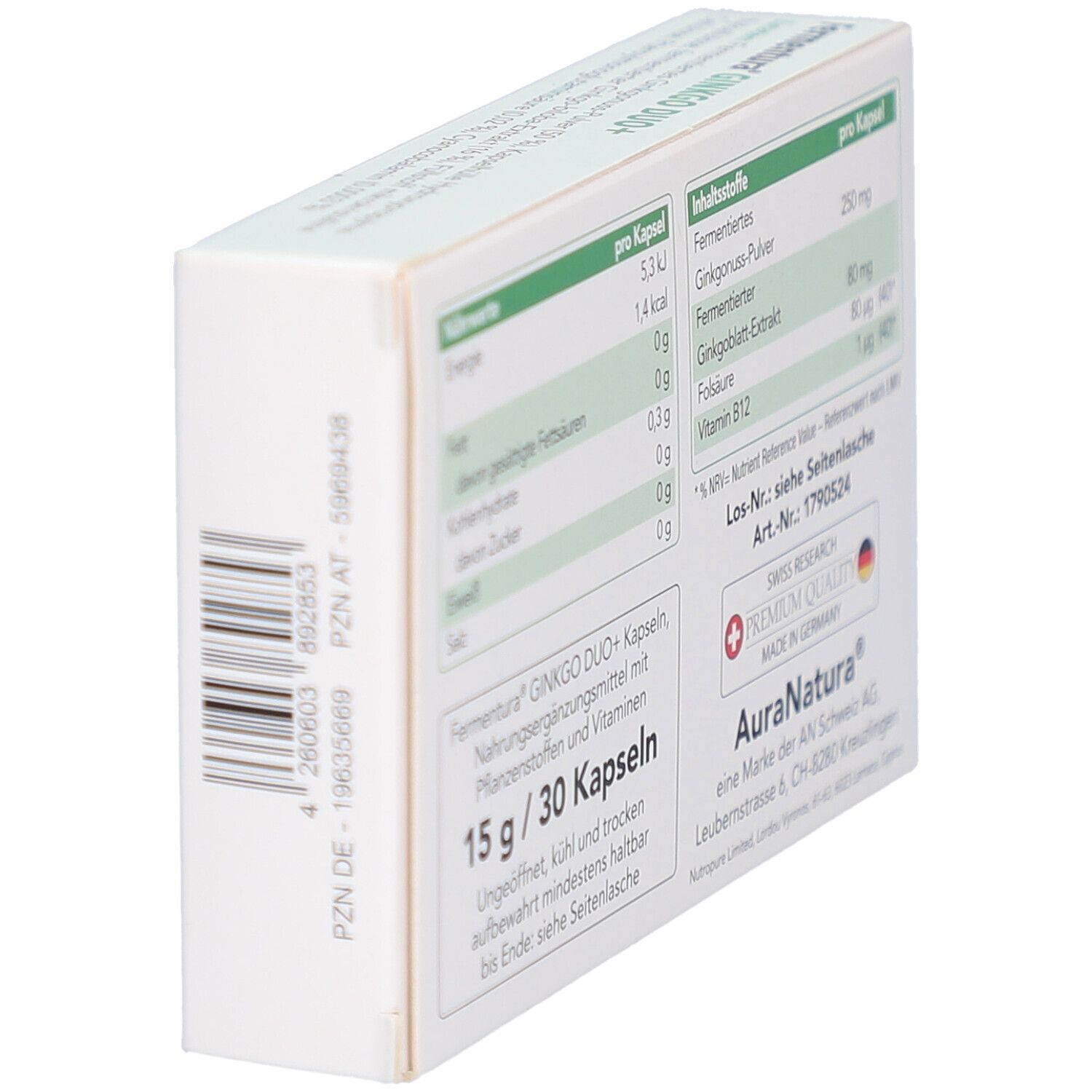 Seitenansicht der weißen Schachtel. Enthält Nährwertangaben und Inhaltsstoffe pro Kapsel. Marke AuraNatura. Hergestellt in Deutschland.