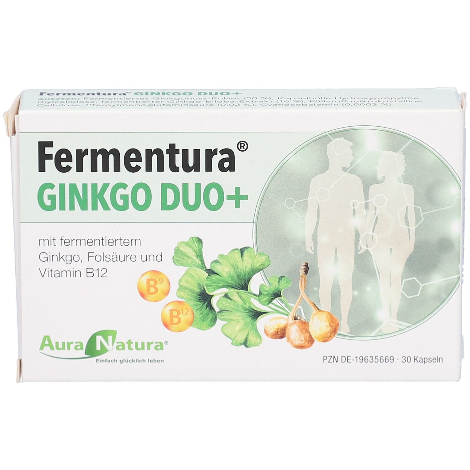 Weiße Schachtel mit Produktnamen Fermentura Ginkgo Duo+. Abbildung von Ginkgoblättern und Früchten. Enthält 30 Kapseln.