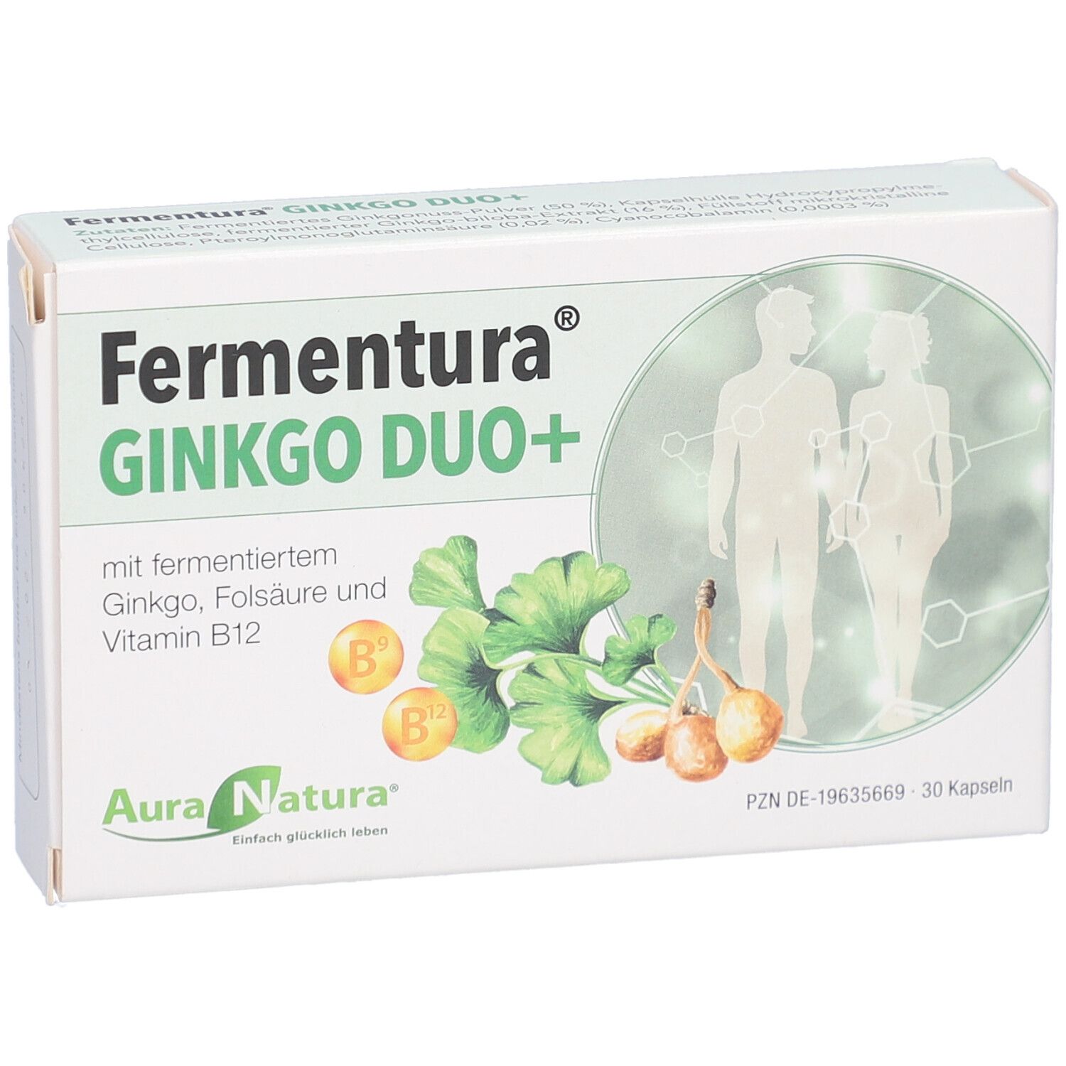 Weiße Schachtel mit Produktnamen Fermentura Ginkgo Duo+. Abbildung von Ginkgoblättern und Früchten. Enthält 30 Kapseln.