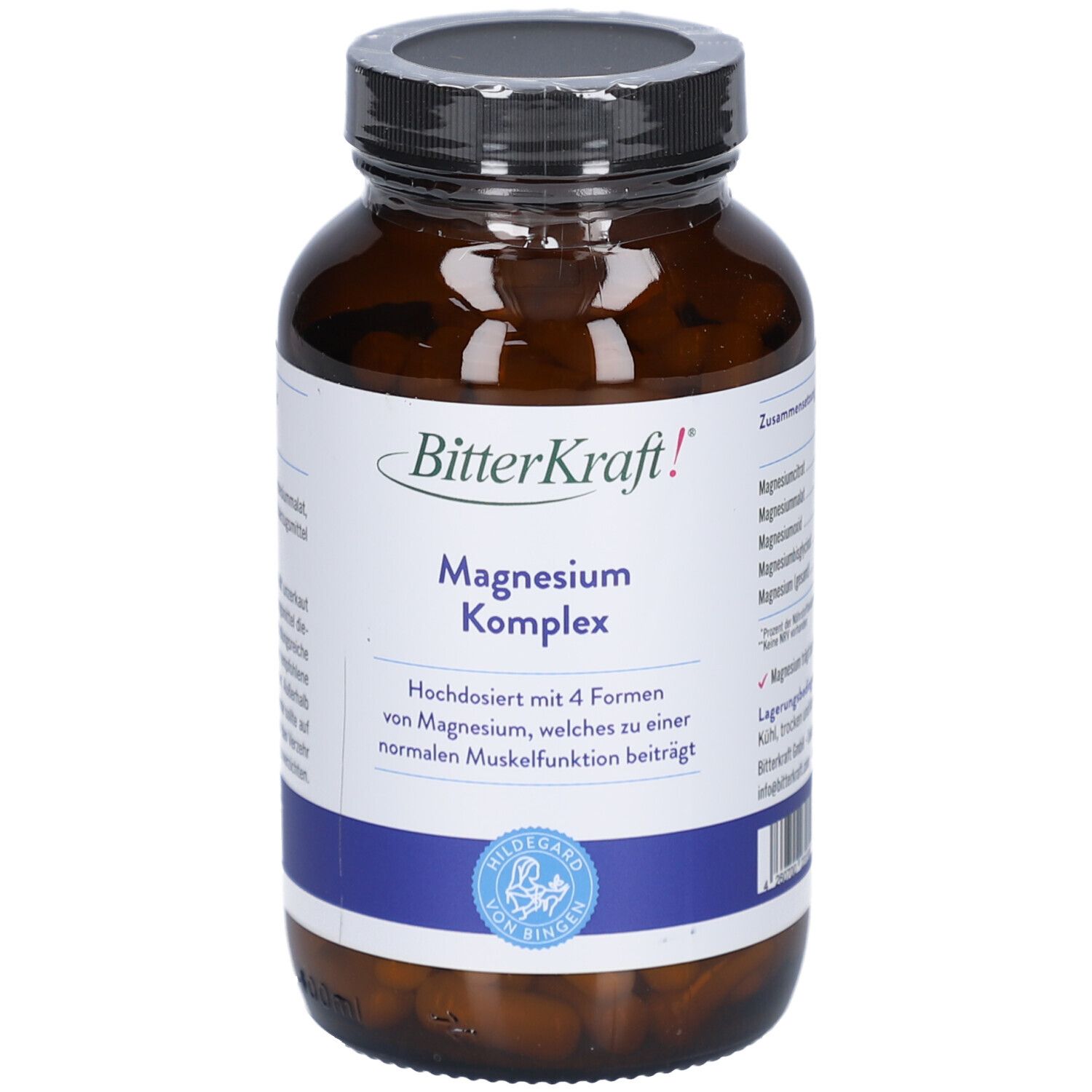 Braune Glasflasche mit Kapseln. Aufschrift: BitterKraft! Magnesium Komplex. Blaue und weiße Etiketten.