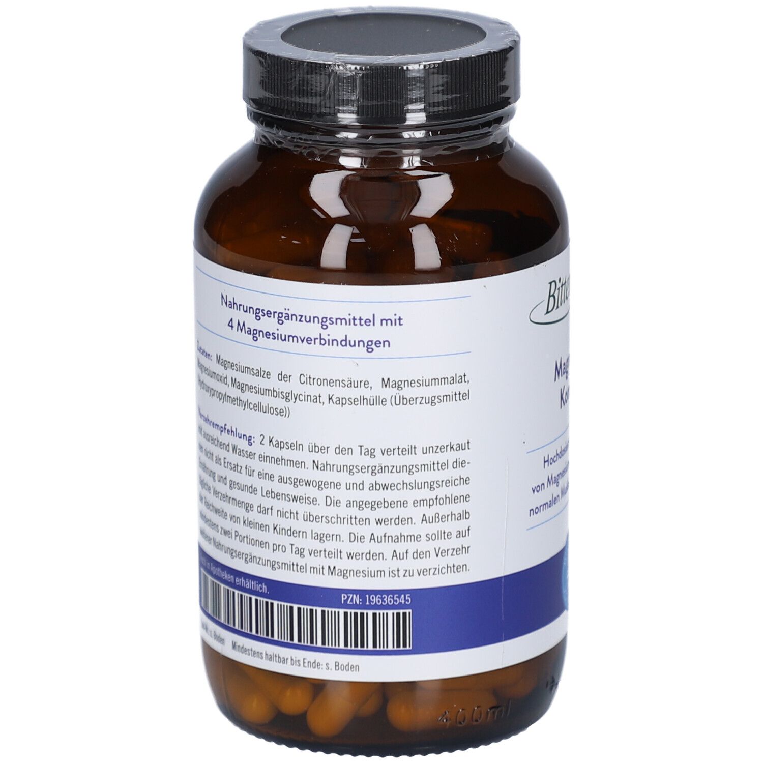 Rückansicht der braunen Glasflasche mit Kapseln. Text auf dem Etikett: Nahrungsergänzungsmittel mit 4 Magnesiumverbindungen.