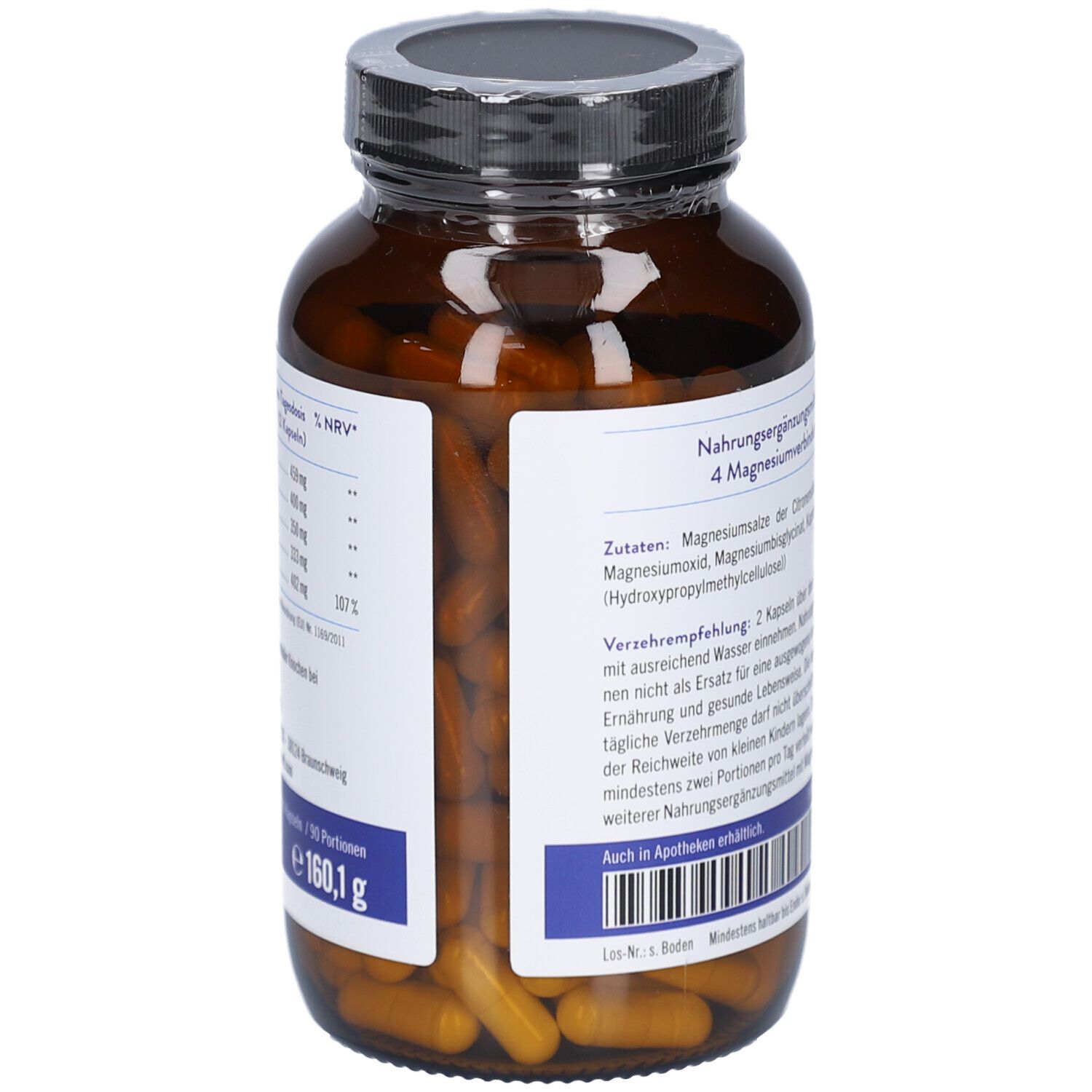 Braune Glasflasche mit Kapseln. Etikett mit Nährwertangaben und Inhaltsstoffen. Gewicht: 160,1 g.