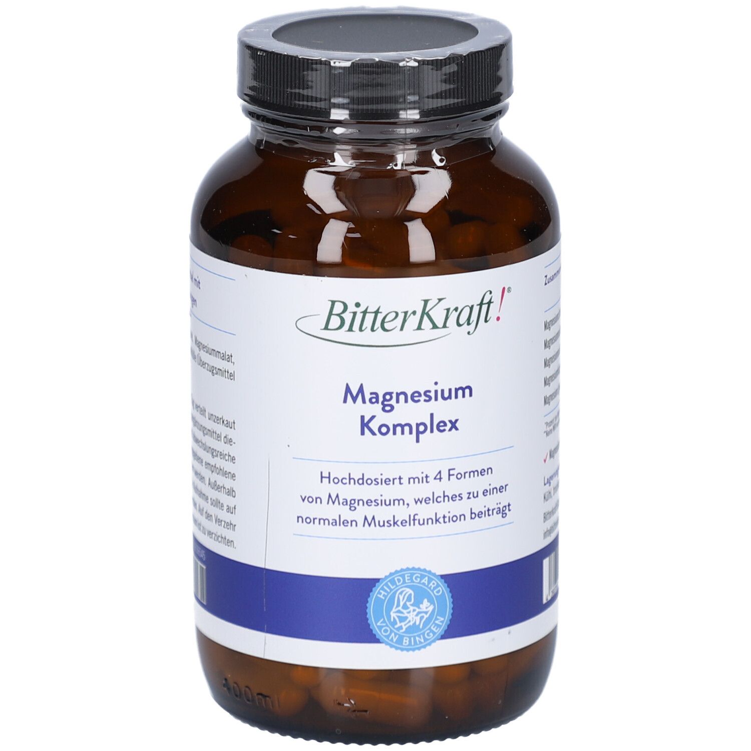 Braune Glasflasche mit Kapseln. Aufschrift: BitterKraft! Magnesium Komplex. Blaue und weiße Etiketten.