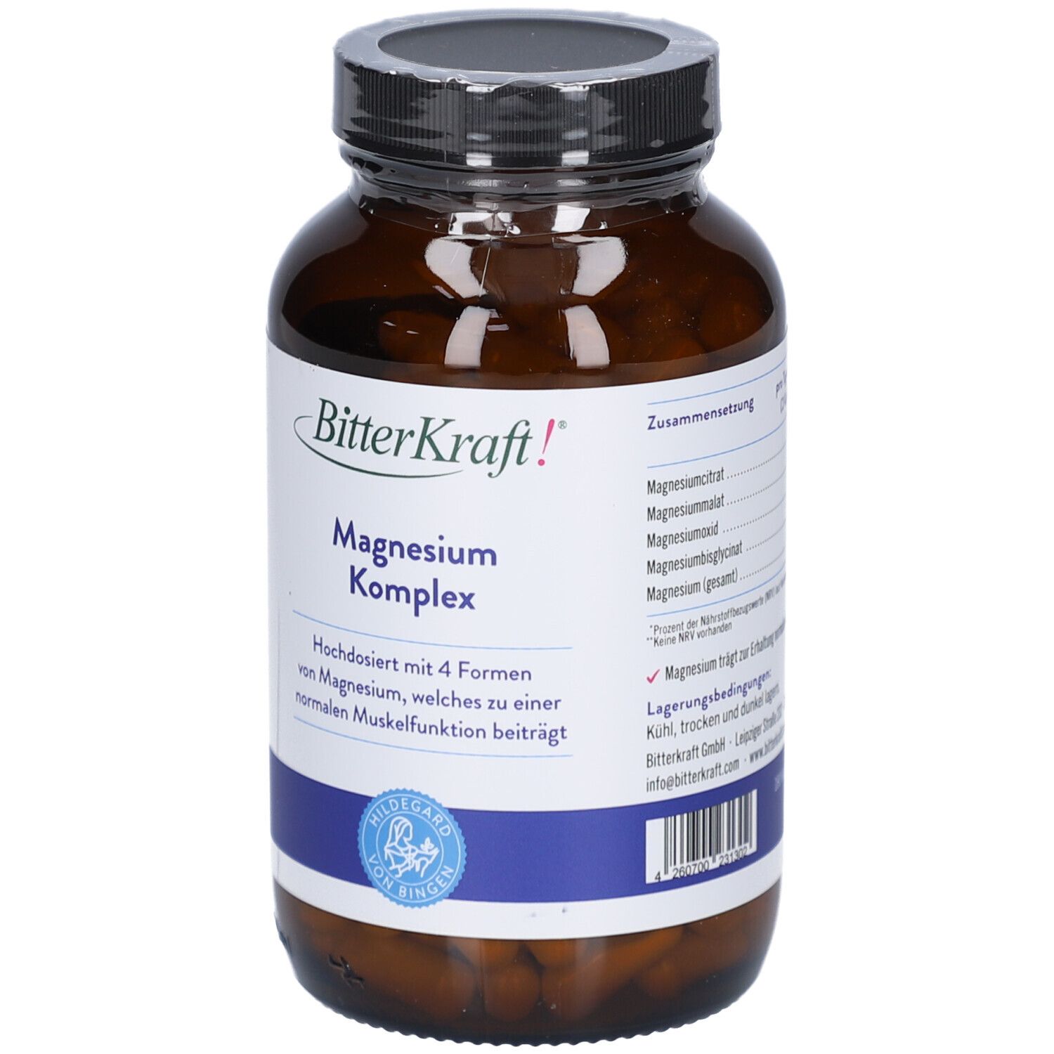 Braune Glasflasche mit Kapseln. Aufschrift: BitterKraft! Magnesium Komplex. Blaue und weiße Etiketten.