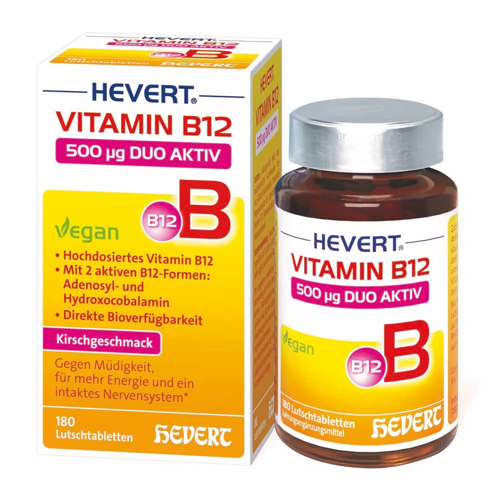 Hevert Vitamin B12 Duo Aktiv, Packung und Flasche. Aufschrift: 500 µg, Duo Aktiv, Vegan, Kirschgeschmack.