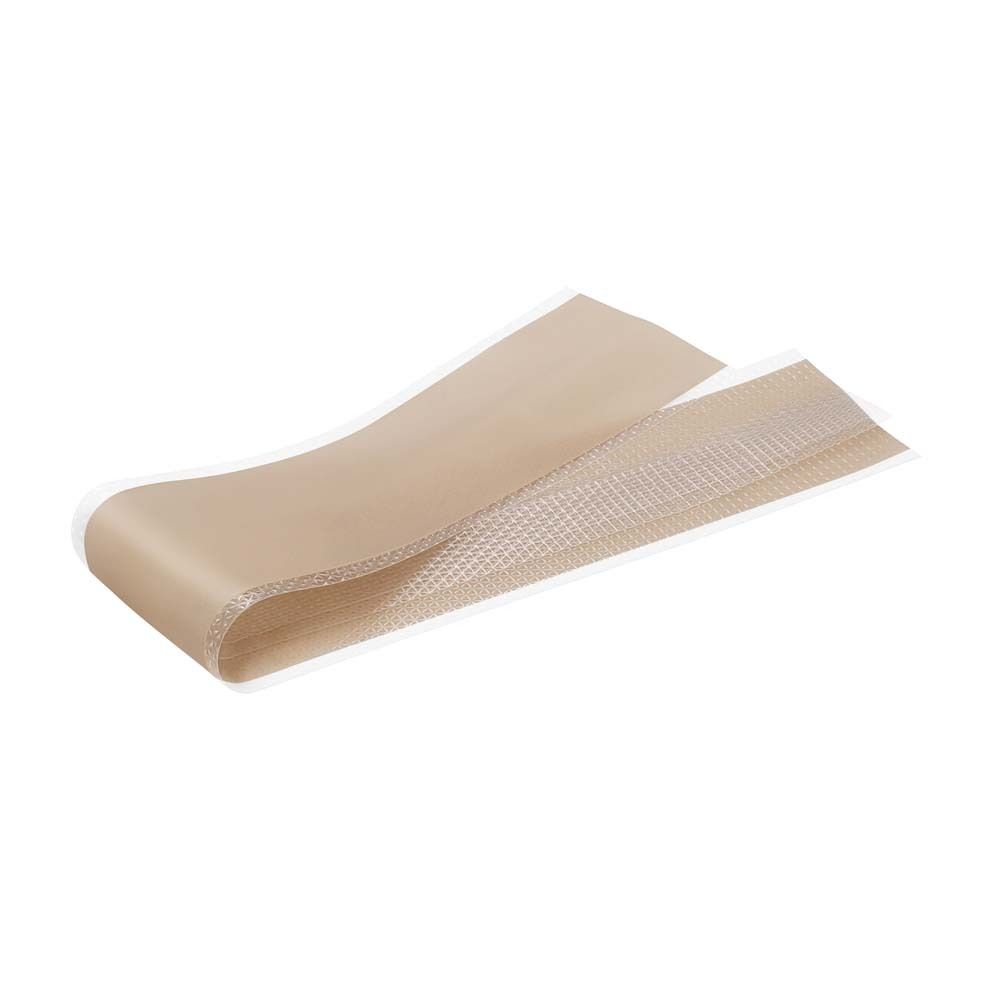 Beige, rechteckige Narbenpflaster. Oberseite mit Struktur, Unterseite glatt.