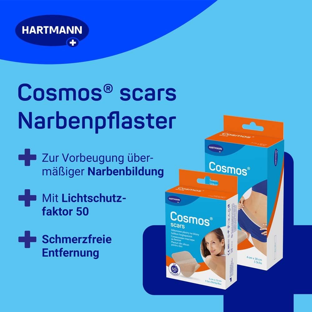 Zwei Schachteln Narbenpflaster. Marke Cosmos. Text: Zur Vorbeugung übermäßiger Narbenbildung.
