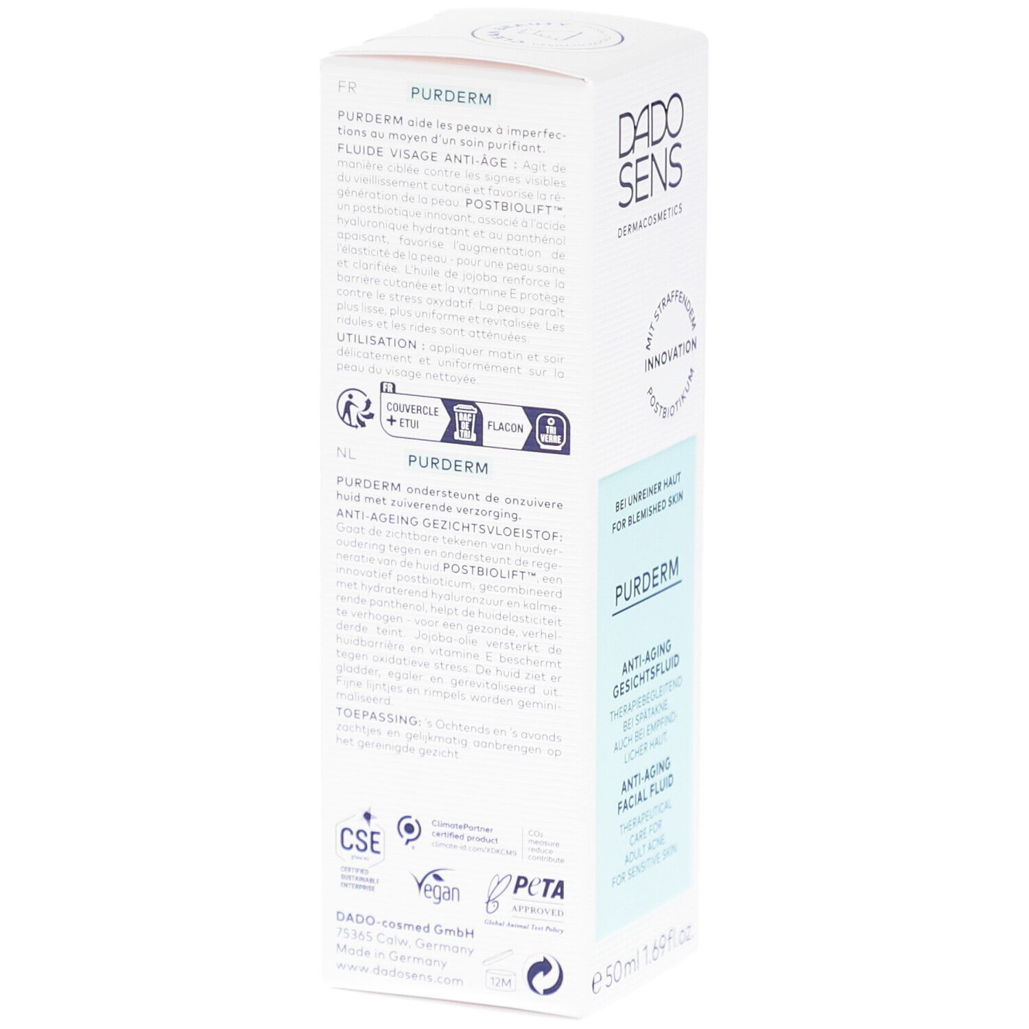 Rückseite der Produktverpackung. Text: PUDERM Anti-Aging Gesichtsfluid. Informationen zu Inhaltsstoffen und Anwendung. Zertifizierungen.