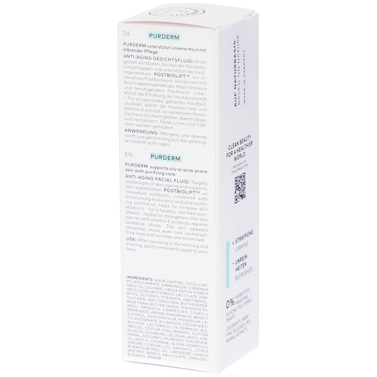 Produktverpackung mit Text: PUDERM Anti-Aging Gesichtsfluid. Beschreibung der Inhaltsstoffe und Anwendung. QR-Code.