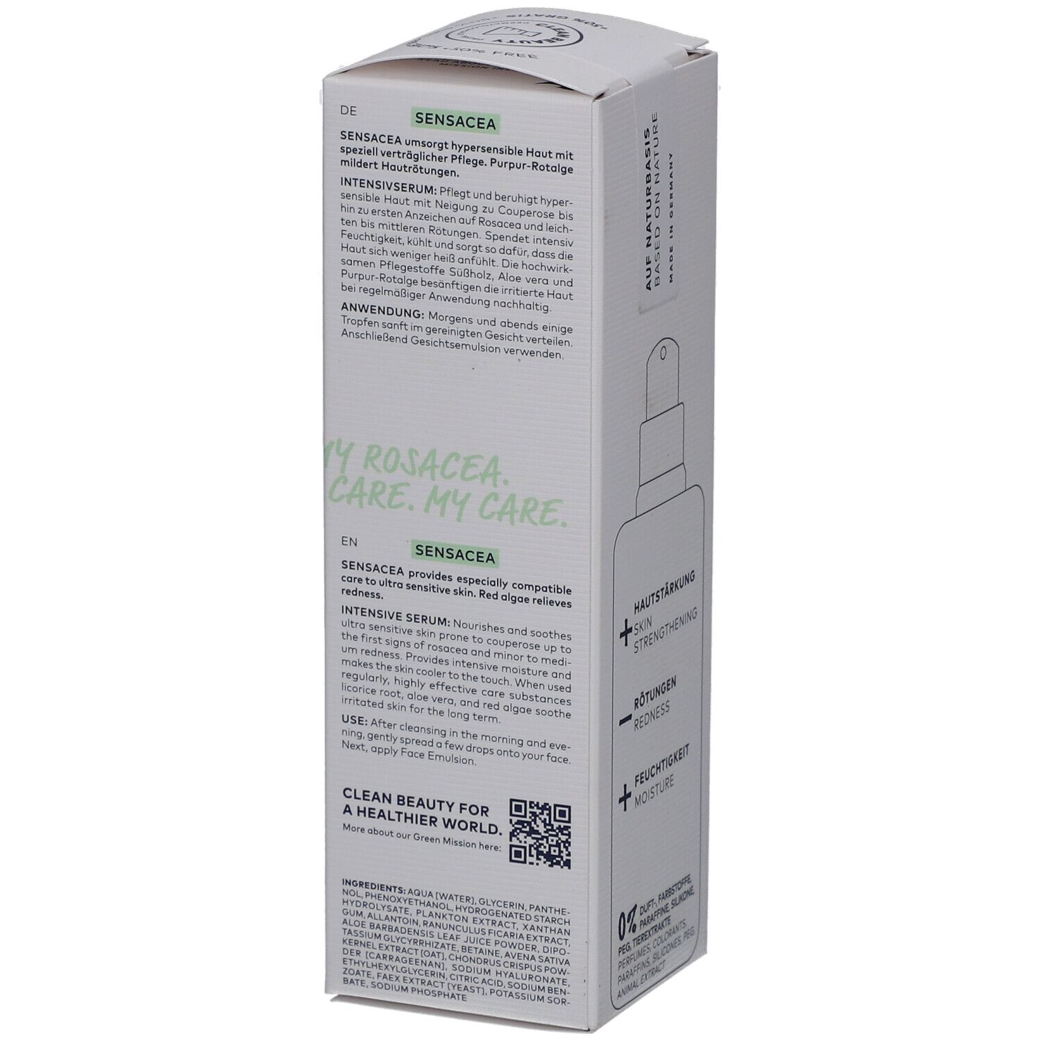 Rückseite der Verpackung von DADO SENS® SENSACEA. Text in mehreren Sprachen. Informationen zur Anwendung und Inhaltsstoffen.