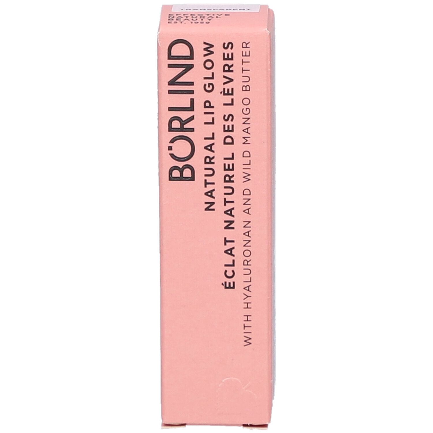 Rosa Verpackung. Schriftzug: BÖRLIND NATURAL LIP GLOW. Enthält Hyaluron und Mango Butter. Vertikale Ansicht.