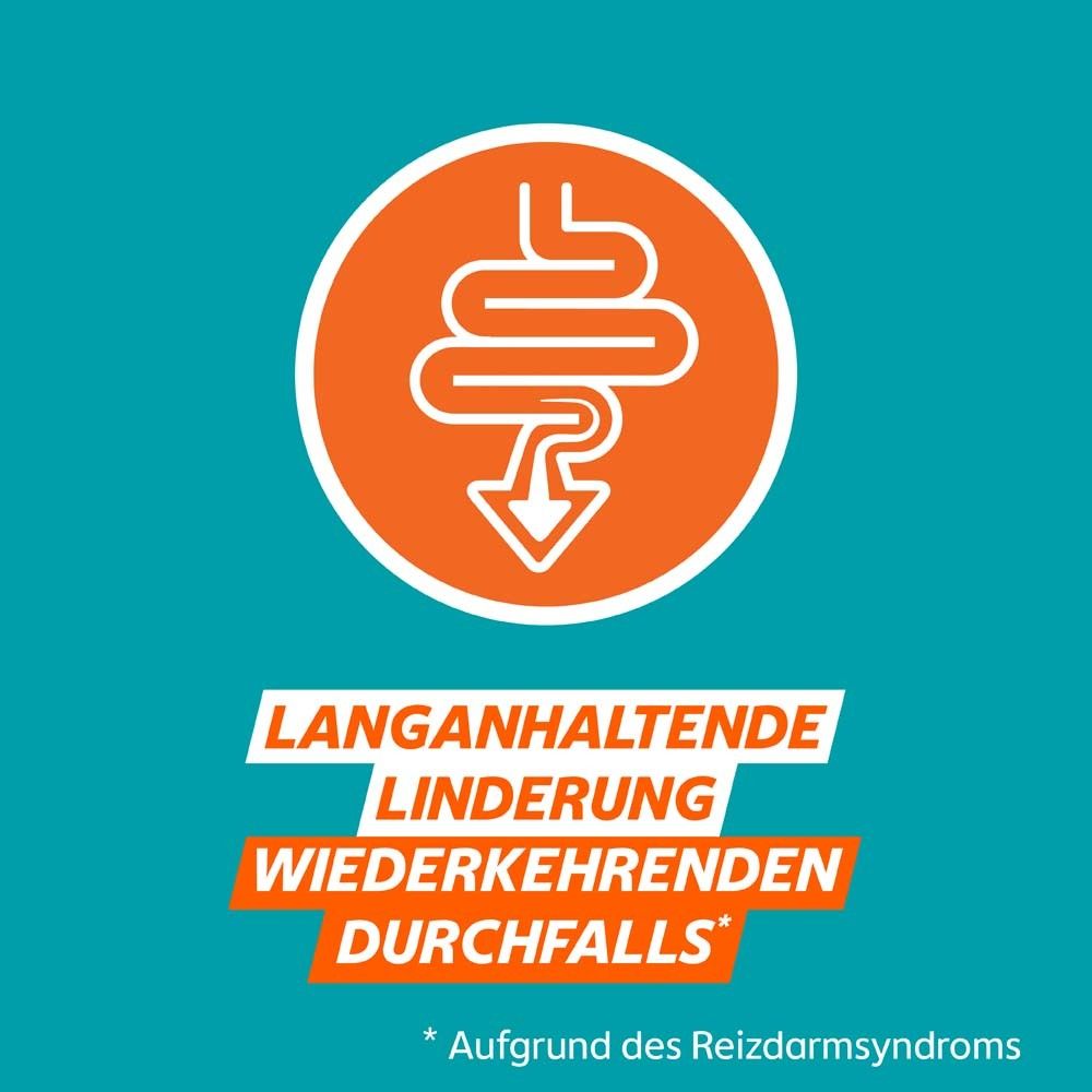 Orangefarbener Kreis mit Darm-Symbol. Text: Langanhaltende Linderung wiederkehrenden Durchfalls.