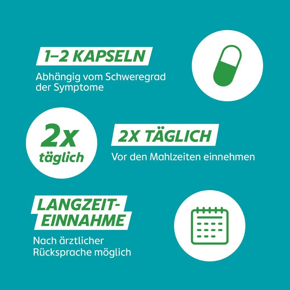 Grafik: 1-2 Kapseln, 2x täglich, Langzeiteinnahme. Einnahme vor den Mahlzeiten. Nach Rücksprache.