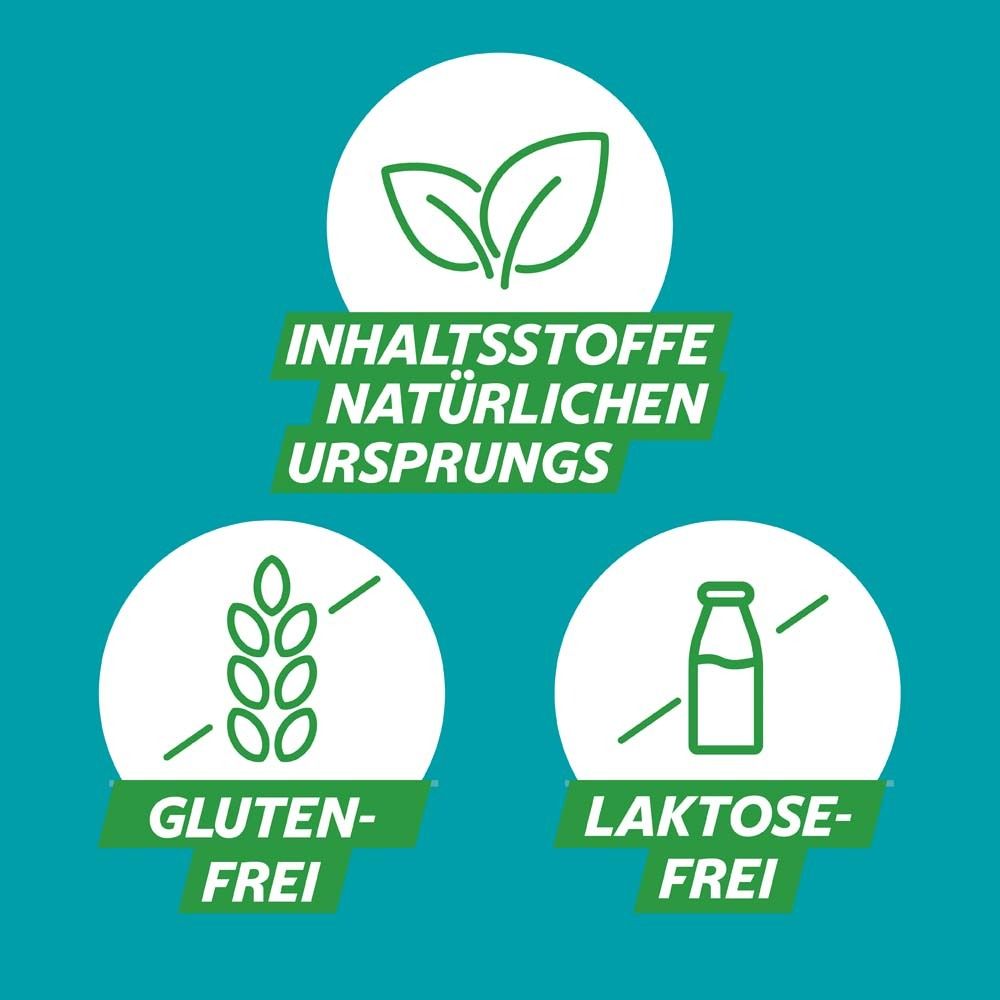 Symbole: Inhaltsstoffe natürlichen Ursprungs, glutenfrei, laktosefrei.