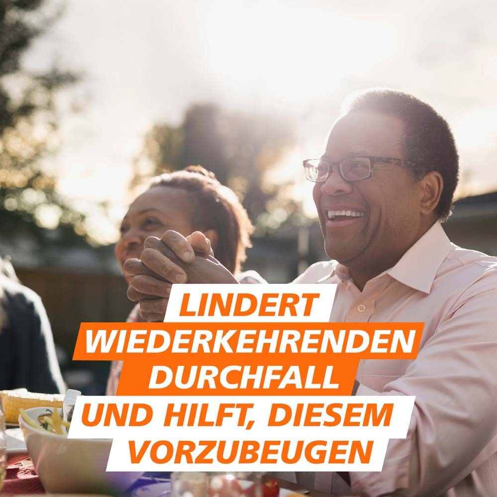 Mann und Frau lachen. Text: Lindert wiederkehrenden Durchfall und hilft, diesem vorzubeugen.