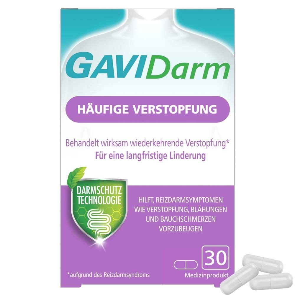 Schachtel mit GAVIDarm Häufige Verstopfung Kapseln. 30 Kapseln. Medizinprodukt. Lila und weißes Design.