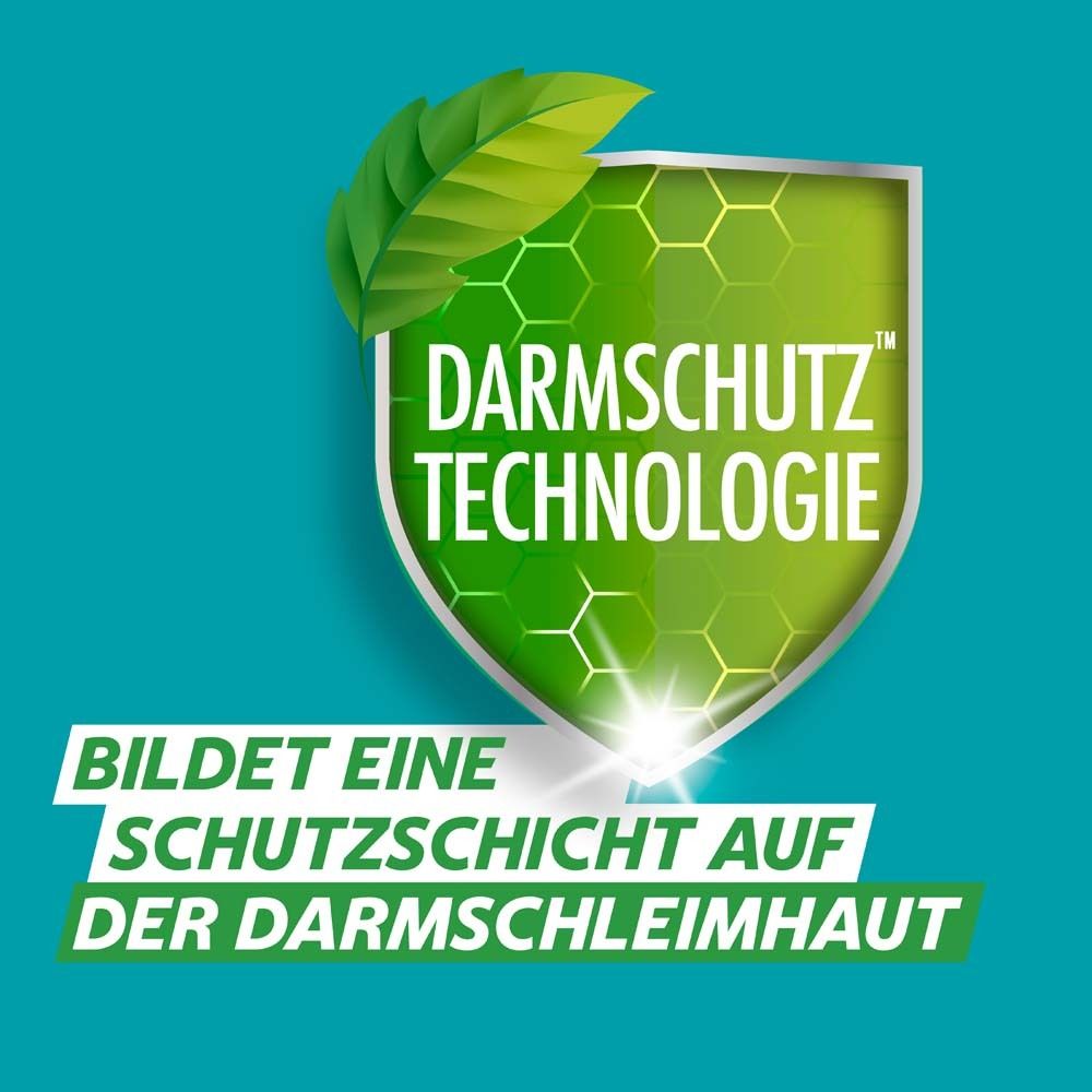 Schild mit DarmSchutz Technologie. Text: Bildet eine Schutzschicht auf der Darmschleimhaut.