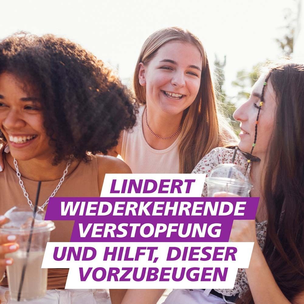 Drei Frauen lächeln. Text: Lindert wiederkehrende Verstopfung und hilft, dieser vorzubeugen.