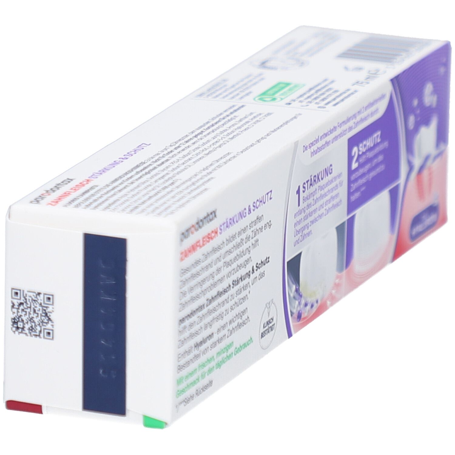 Zahnpasta-Verpackung, schräg von oben. Produktname und Informationen zur Wirkung auf der Verpackung.