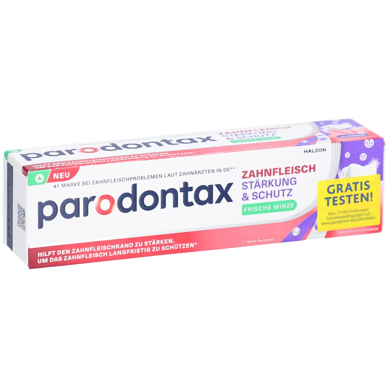 Zahnpasta-Tube und Verpackung. Verpackung mit Produktnamen und Aufschrift "Zahnfleisch Stärkung & Schutz".