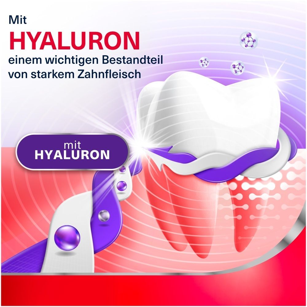 Zahnillustration mit Hyaluron-Partikeln und Zahnbürste.
