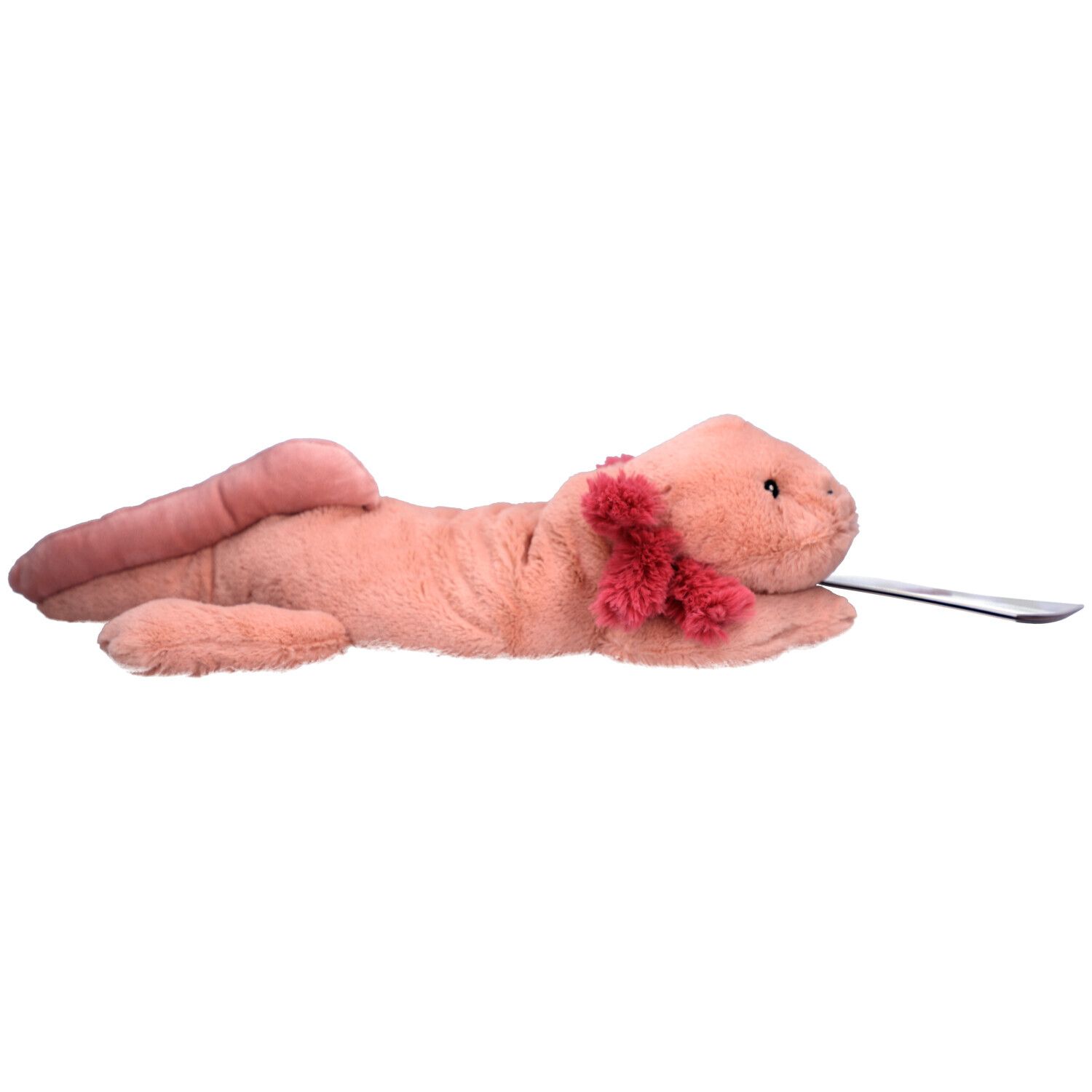 Langes, rosa Axolotl-Wärmestofftier mit rotem Kiemenansatz. Liegt auf einer Oberfläche.
