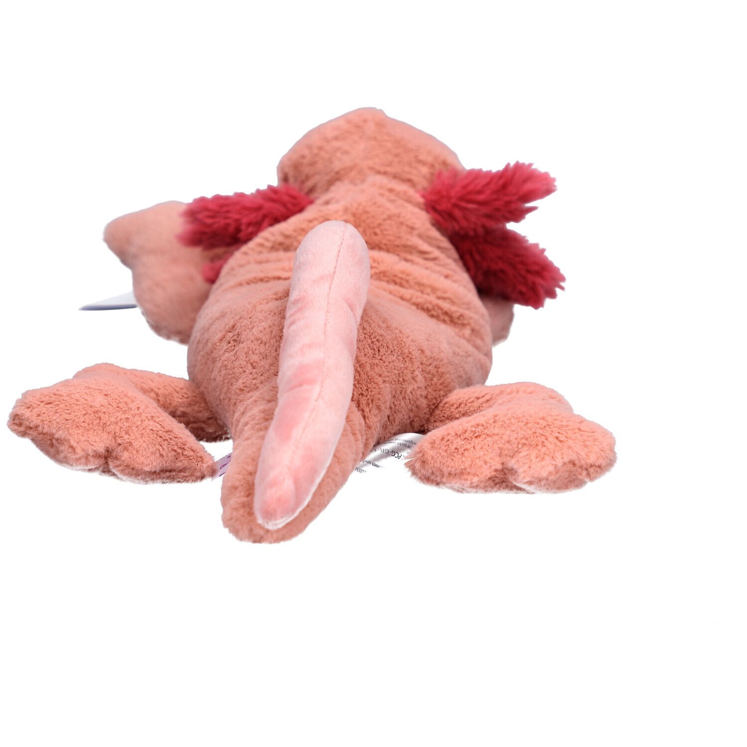 Rückansicht eines rosa Axolotl-Wärmestofftiers mit rotem Kiemenansatz und Schwanz.