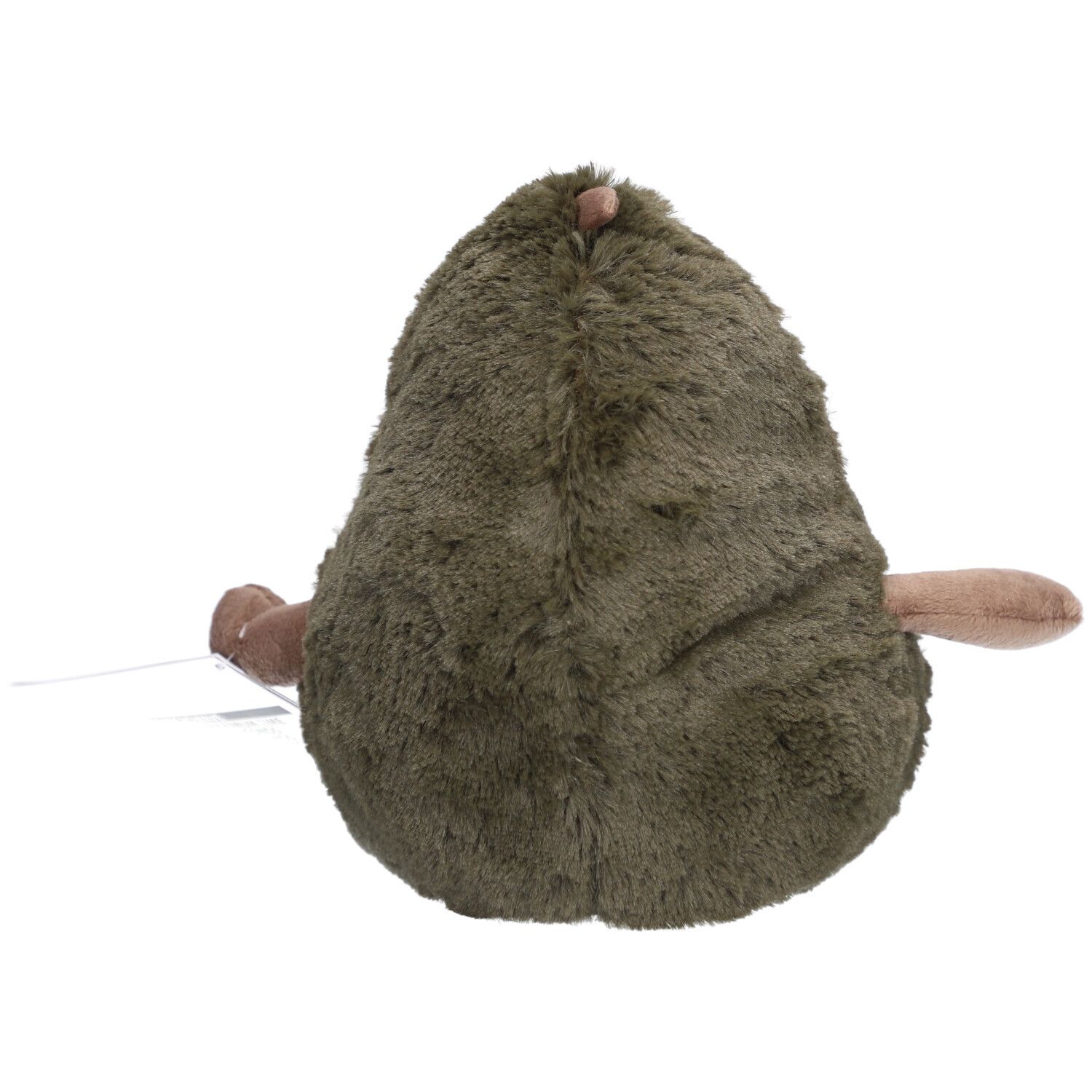 Rückansicht einer Avocado-Plüschfigur. Die Figur hat Arme und Beine.