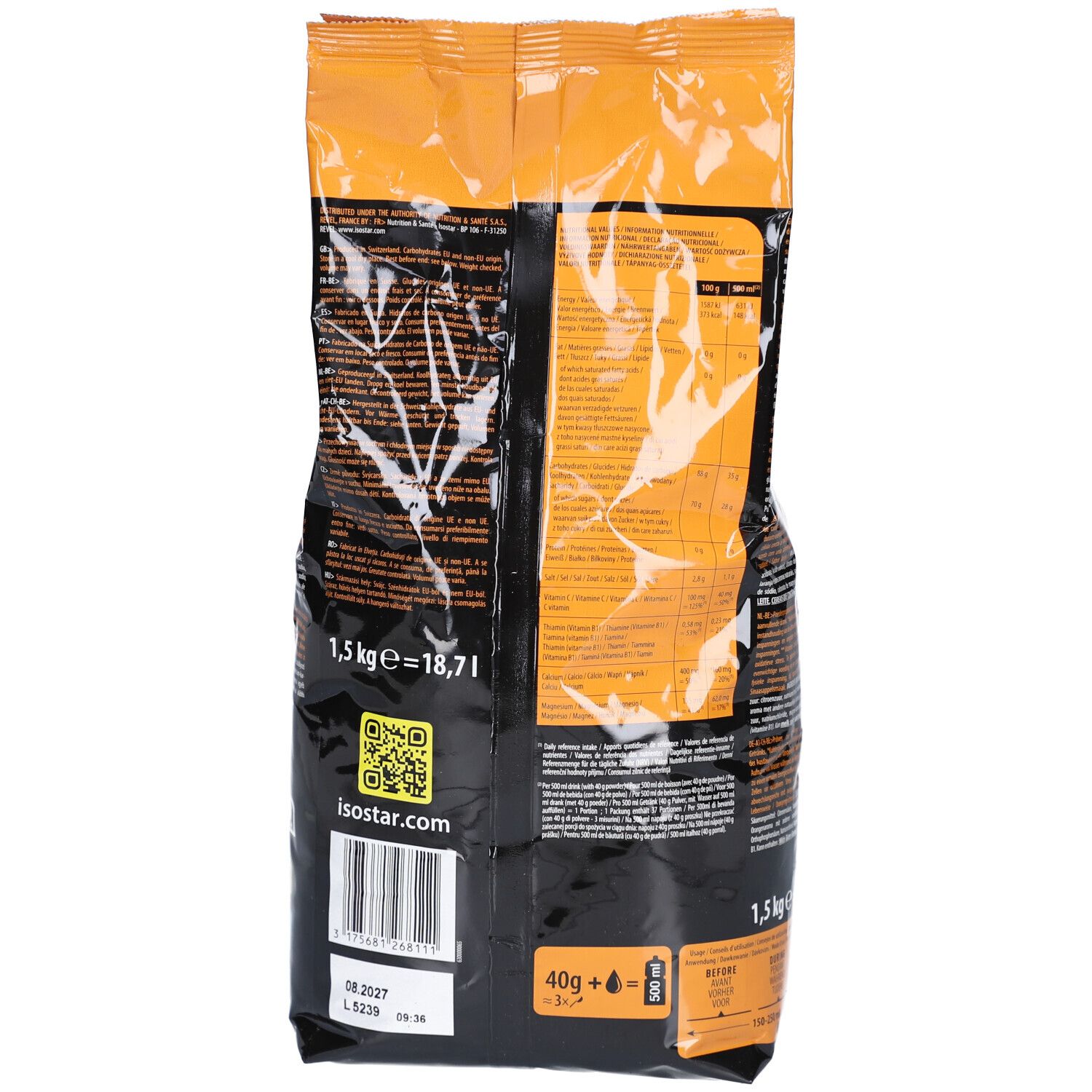 Rückseite des Isostar Hydrate & Perform Orange Beutels. Braune Verpackung mit Text und QR-Code. 1,5 kg.