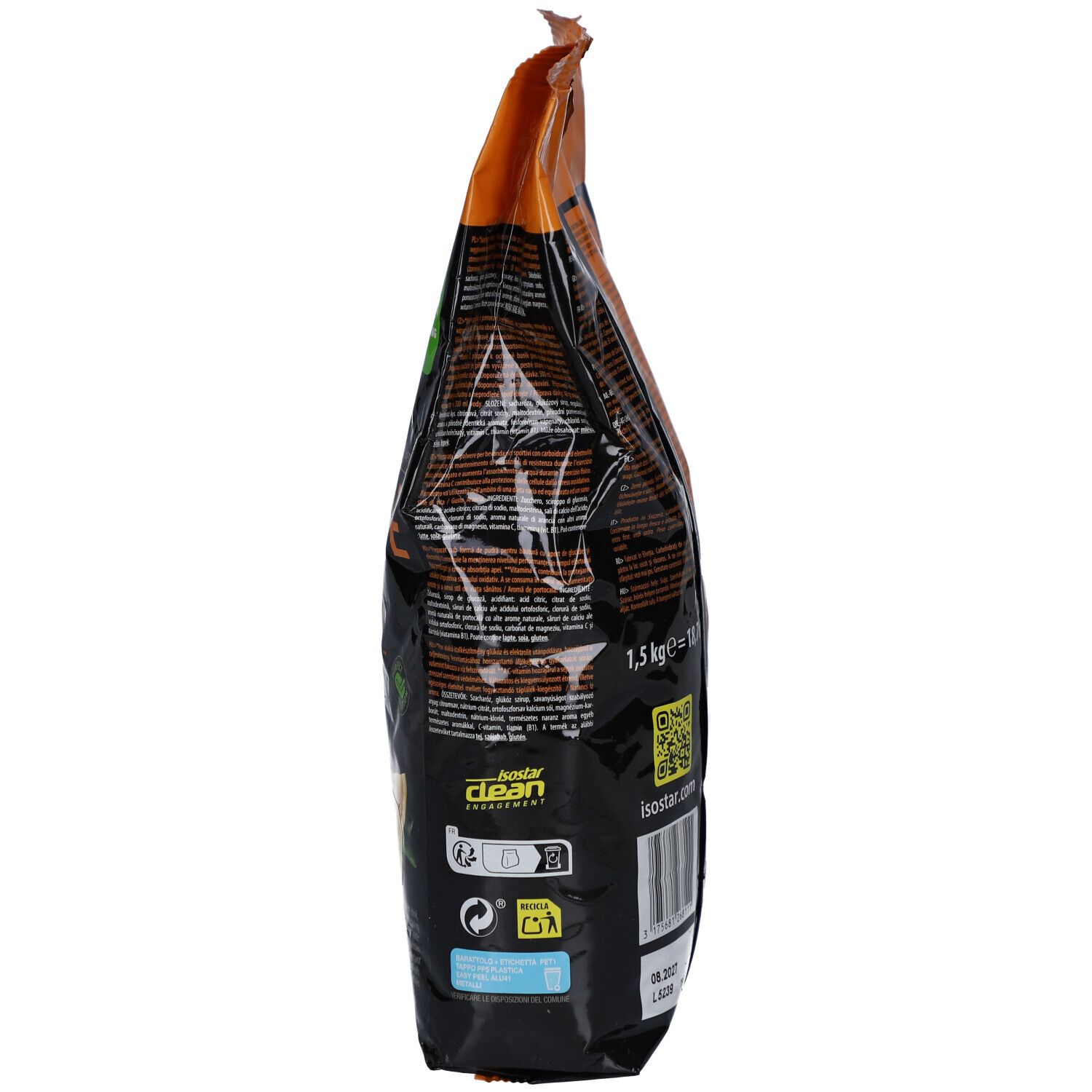 Seitenansicht des Isostar Hydrate & Perform Orange Beutels. Orangefarben und braun. 1,5 kg.
