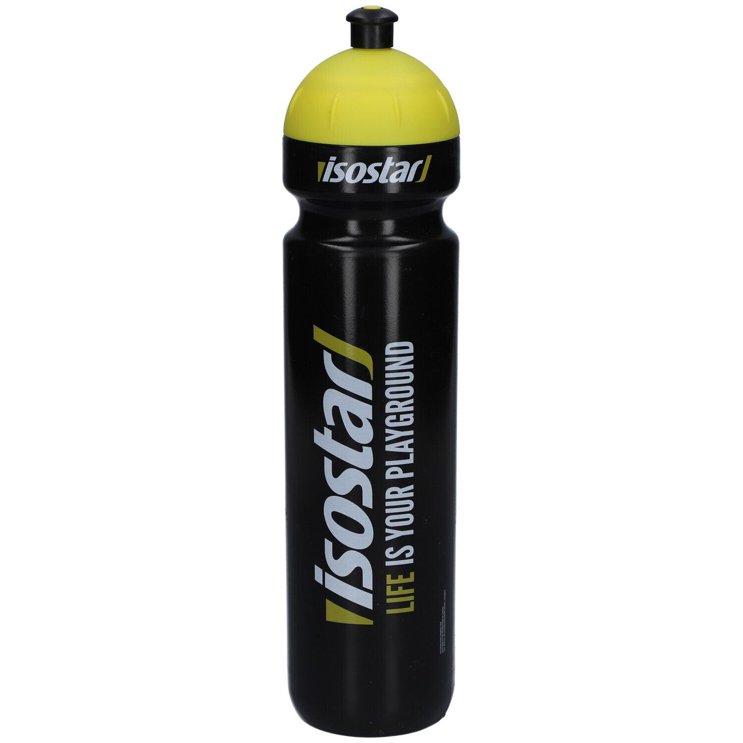 Schwarze Trinkflasche mit gelbem Deckel. Aufschrift "isostar" und "LIFE IS YOUR PLAYGROUND".