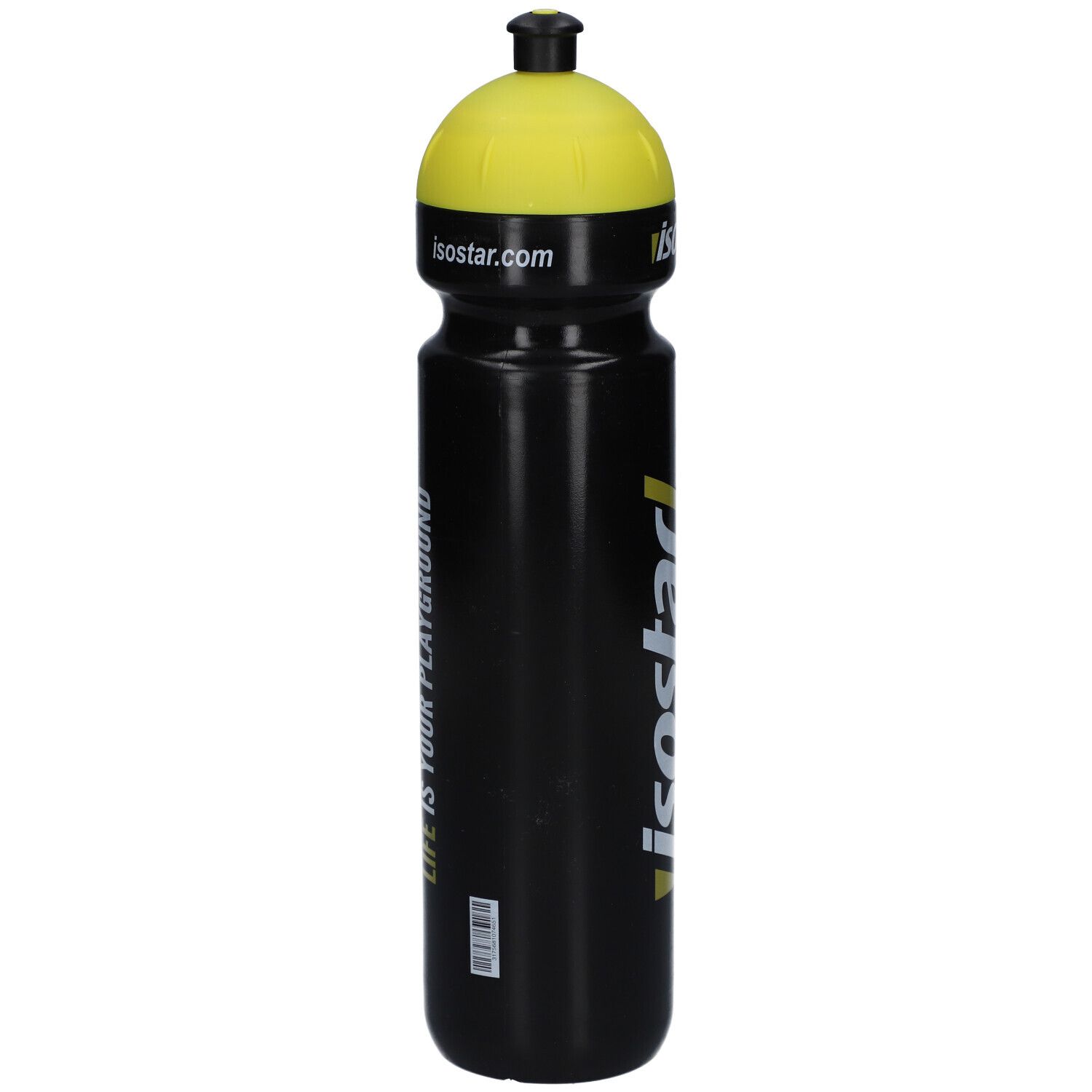 Schwarze Trinkflasche mit gelbem Deckel. Aufschrift "isostar" und "LIFE IS YOUR PLAYGROUND".