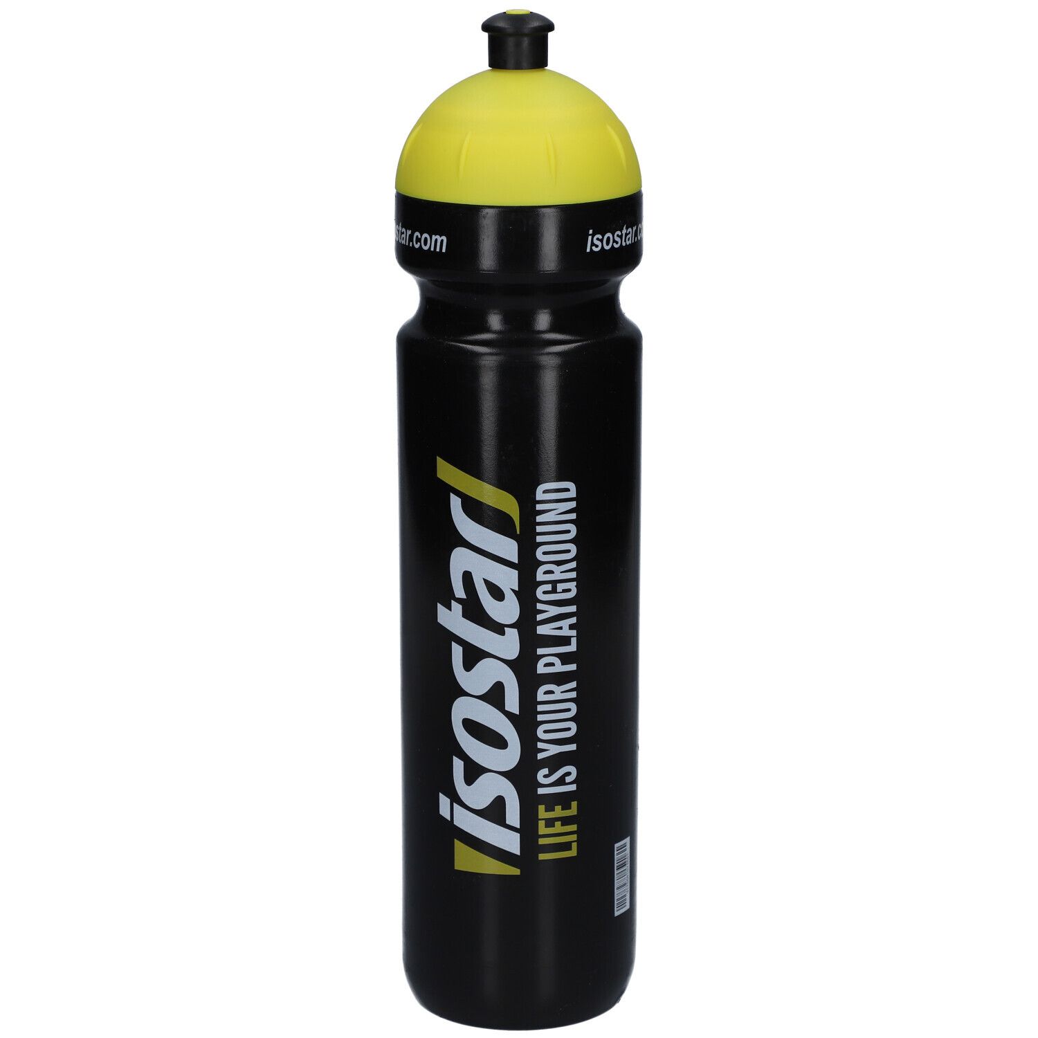 Schwarze Trinkflasche mit gelbem Deckel. Aufschrift "isostar" und "LIFE IS YOUR PLAYGROUND".