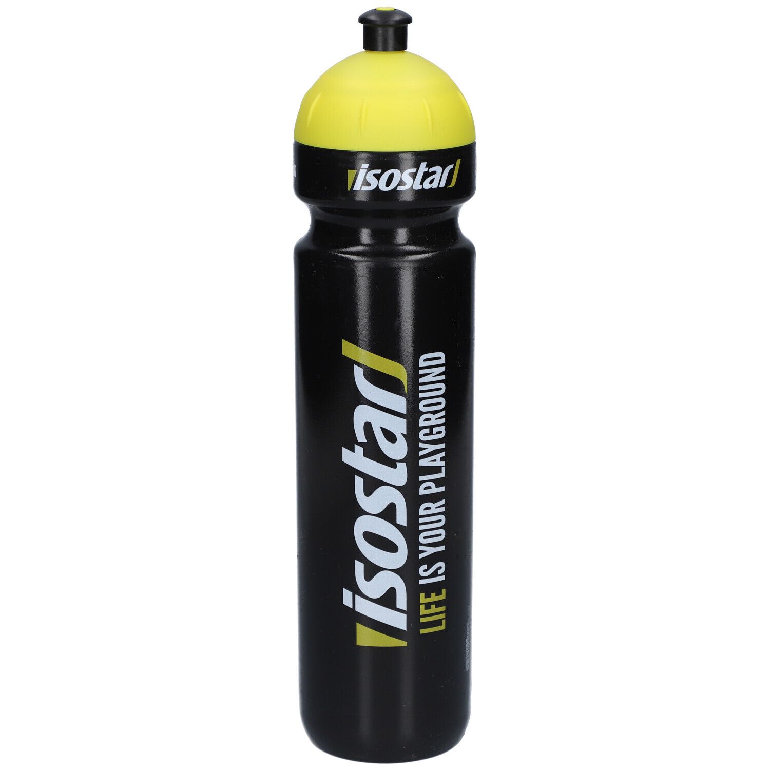 Schwarze Trinkflasche mit gelbem Deckel. Aufschrift "isostar" und "LIFE IS YOUR PLAYGROUND".