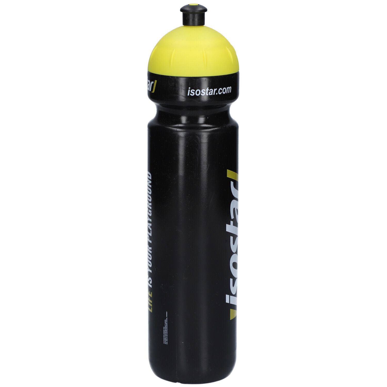 Schwarze Trinkflasche mit gelbem Deckel. Aufschrift "isostar" und "LIFE IS YOUR PLAYGROUND".