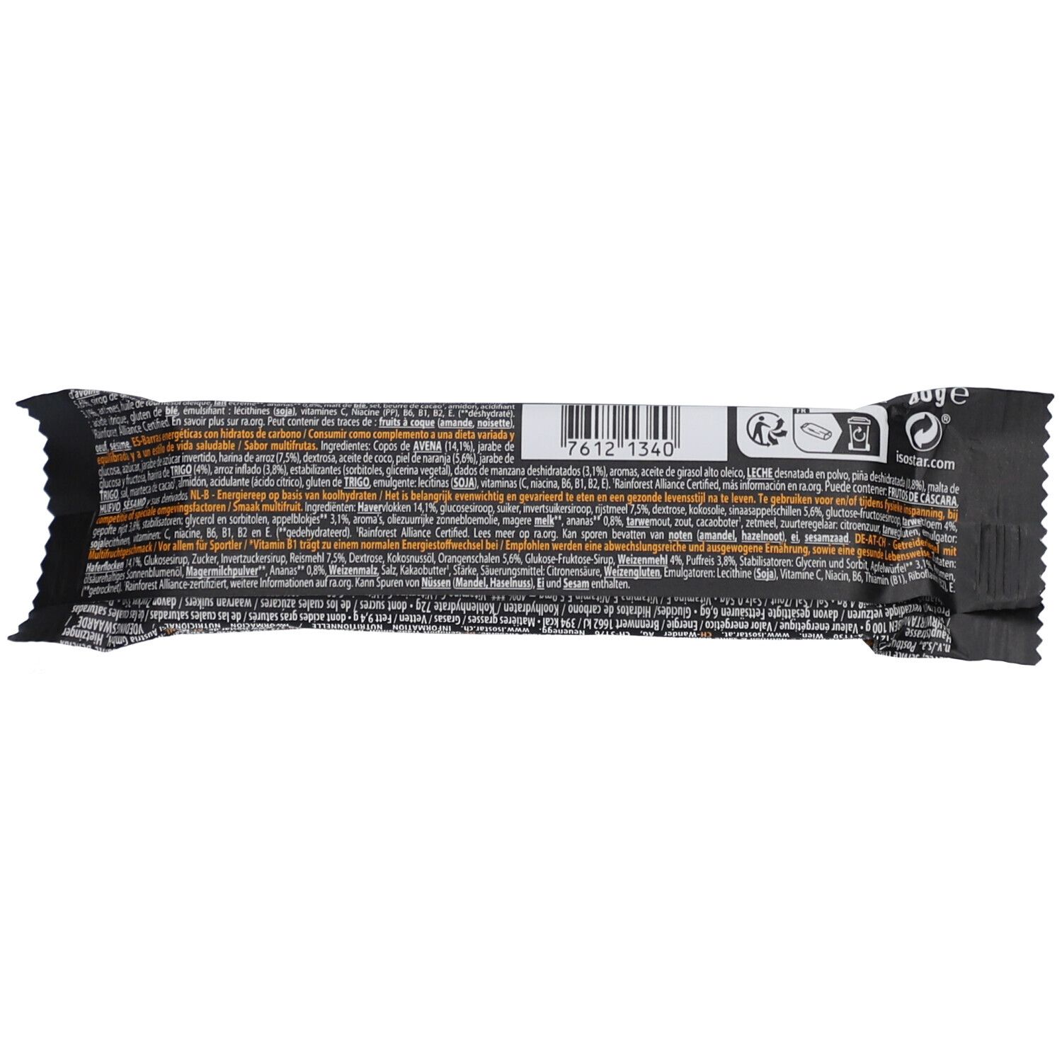 Rückseite eines Energieriegels. Schwarze Verpackung mit Text und Barcode.