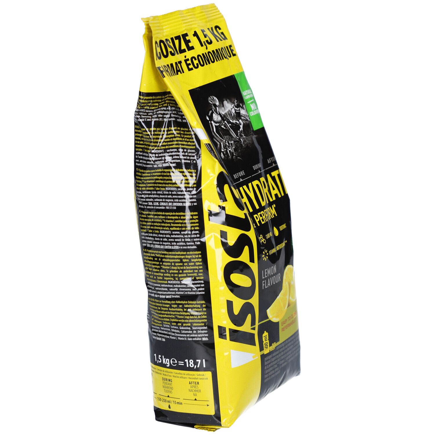 Schrägansicht der gelben und schwarzen Isostar Hydrate & Perform Zitrone Verpackung. Enthält Produktinformationen und Logo.