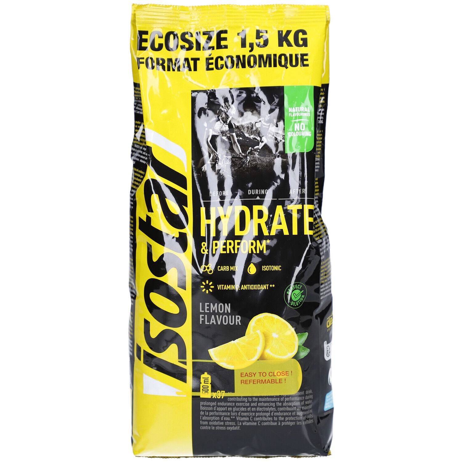Gelbe und schwarze Verpackung von Isostar Hydrate & Perform Zitrone. Enthält das Logo und Produktinformationen. Zitronenabbildung.