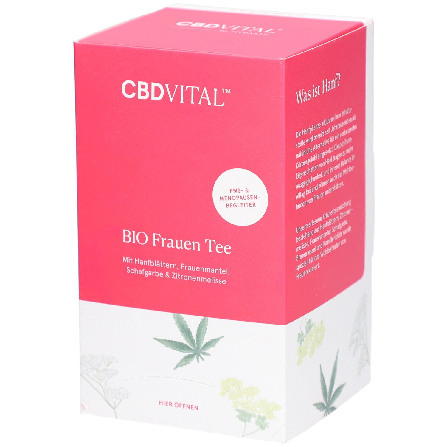 Rosa-weiße Verpackung mit CBDVITAL-Logo und "BIO Frauen Tee". Text: PMS- & Menopausen-Begleiter. Enthält Hanfblätter, Frauenmantel, Schafgarbe & Zitronenmelisse.