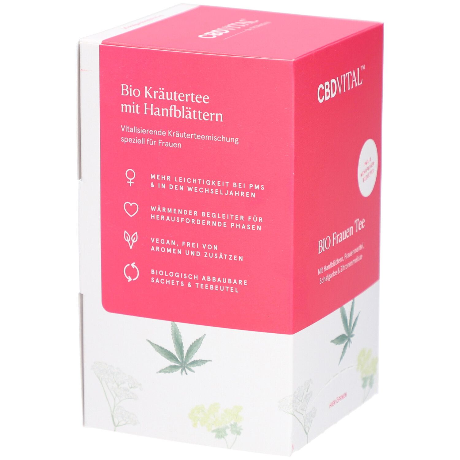 Rosa-weiße Verpackung mit CBDVITAL-Logo. Text: Bio Kräutertee mit Hanfblättern. Speziell für Frauen. Vegan, frei von Aromen und Zusätzen. Biologisch abbaubare Sachets.