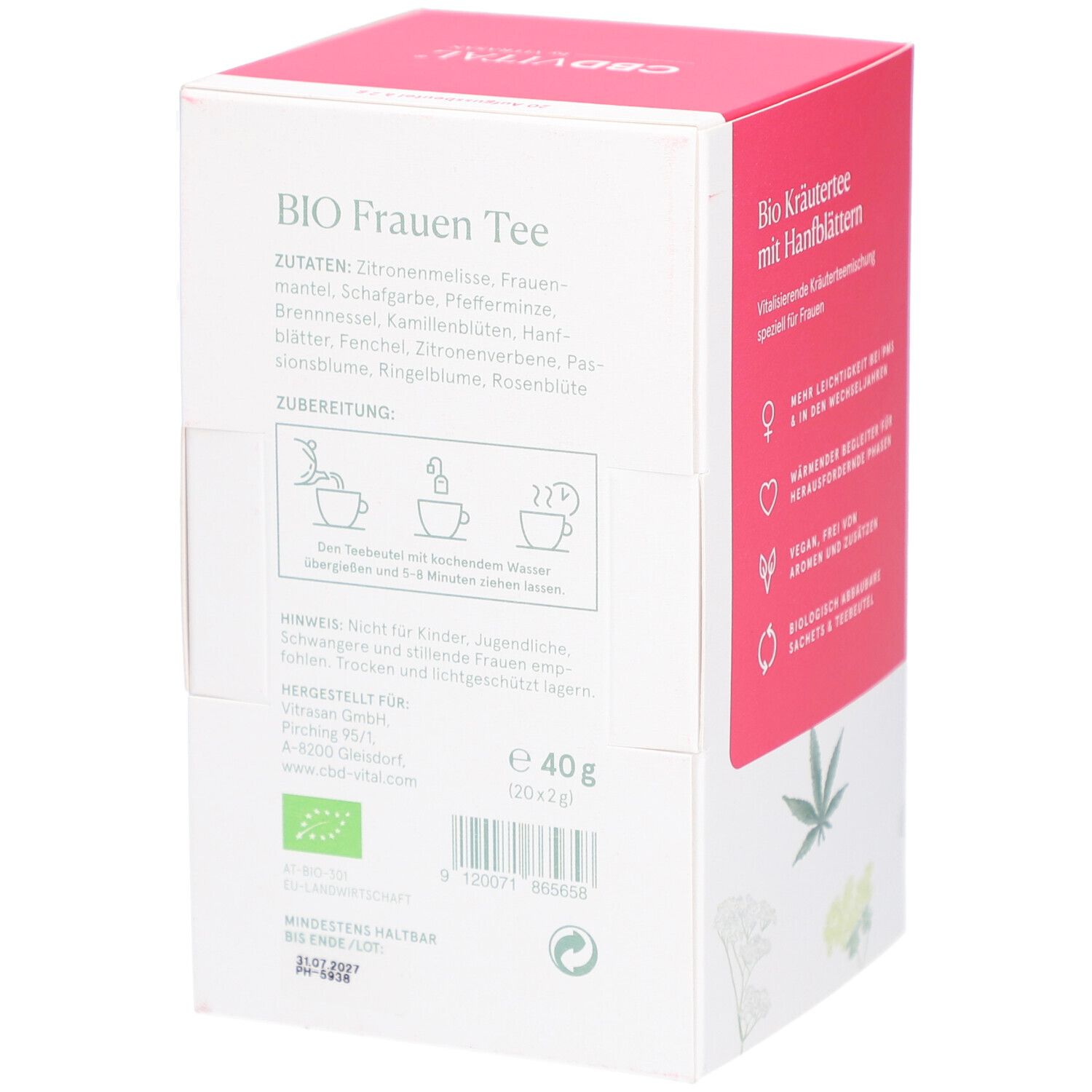 Rückseite der Verpackung mit CBDVITAL-Logo. Text: BIO Frauen Tee. Zutaten, Zubereitung, Hinweise. Enthält 40g (20x2g). Bio-Zertifizierung. Mindestens haltbar bis 31.01.2027.