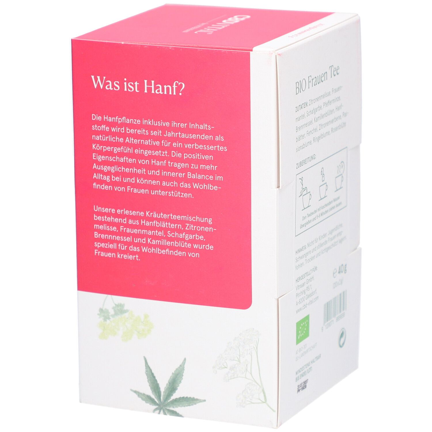 Verpackung mit CBDVITAL-Logo. Text: BIO Frauen Tee. Was ist Hanf? Beschreibung der Inhaltsstoffe. Enthält 40g (20x2g). Bio-Zertifizierung. Mindestens haltbar bis 31.01.2027.