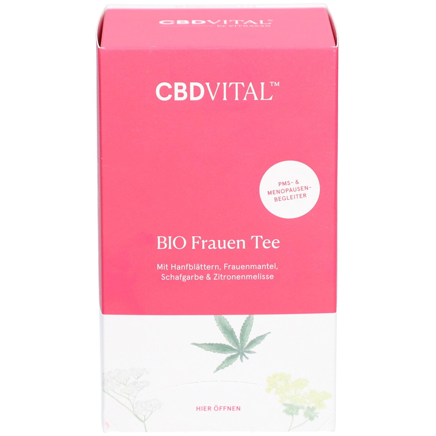 Rosa-weiße Verpackung mit CBDVITAL-Logo und "BIO Frauen Tee". Text: PMS- & Menopausen-Begleiter. Enthält Hanfblätter, Frauenmantel, Schafgarbe & Zitronenmelisse.