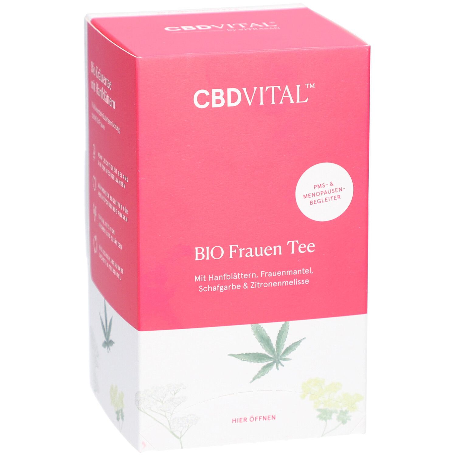 Rosa-weiße Verpackung mit CBDVITAL-Logo und "BIO Frauen Tee". Text: PMS- & Menopausen-Begleiter. Enthält Hanfblätter, Frauenmantel, Schafgarbe & Zitronenmelisse.