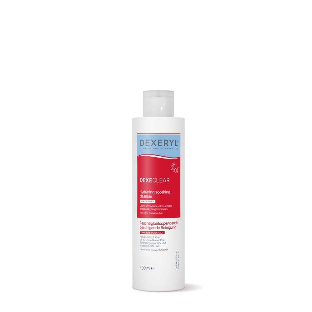 Weiße Flasche mit rotem Etikett. Aufschrift: DEXE CLEAR, Hydrating soothing cleanser. 200ml.