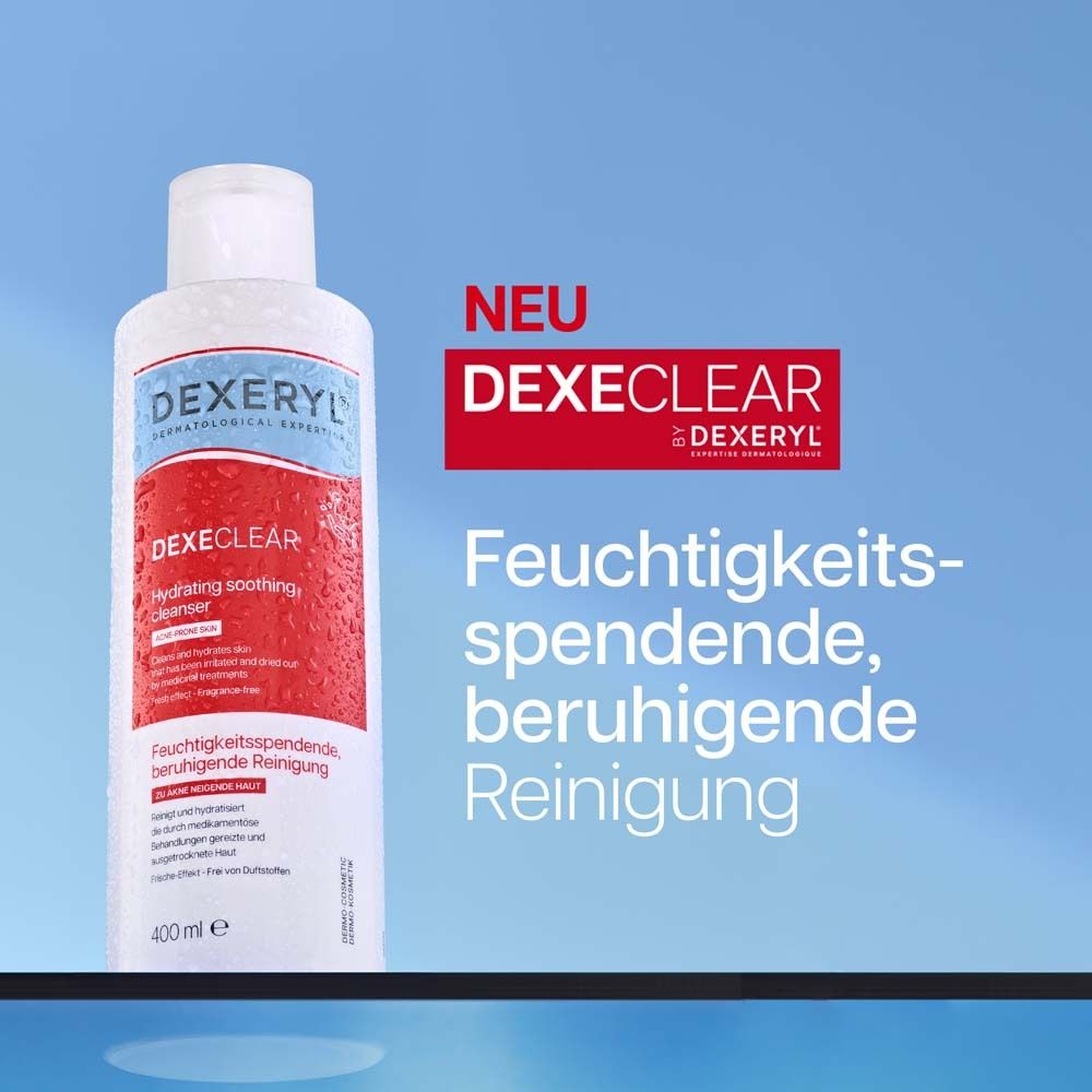 Produktflasche mit rotem Etikett. Aufschrift: DEXE CLEAR. Text: Feuchtigkeitsspendende, beruhigende Reinigung.