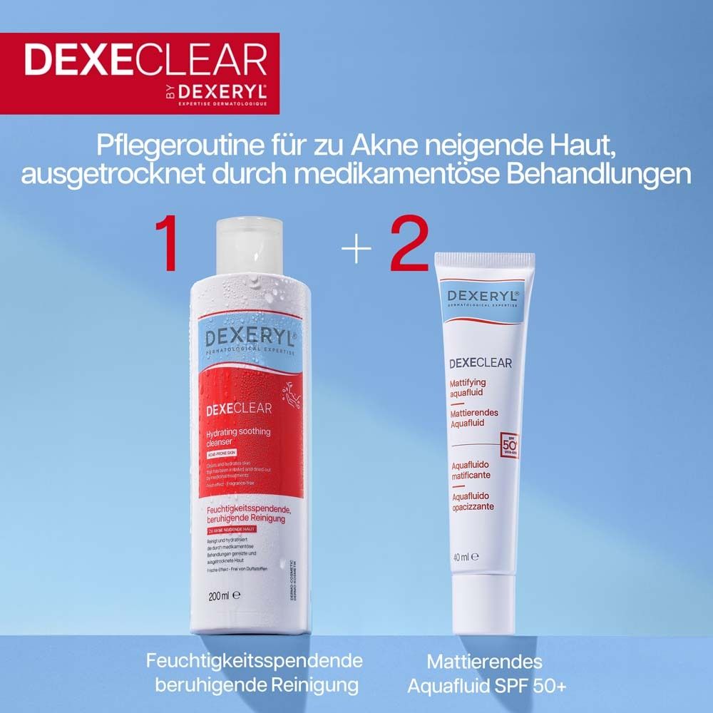 Zwei Produkte: DEXE CLEAR Hydrating soothing cleanser und mattierendes Aquafuid SPF 50+. Text.