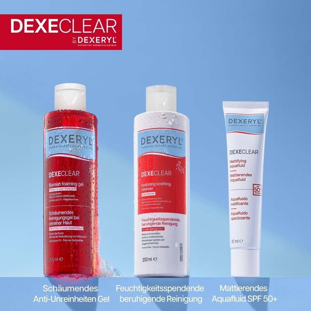 Drei Produkte: DEXE CLEAR Blemish foaming gel, Hydrating soothing cleanser, mattierendes Aquafuid SPF 50+.