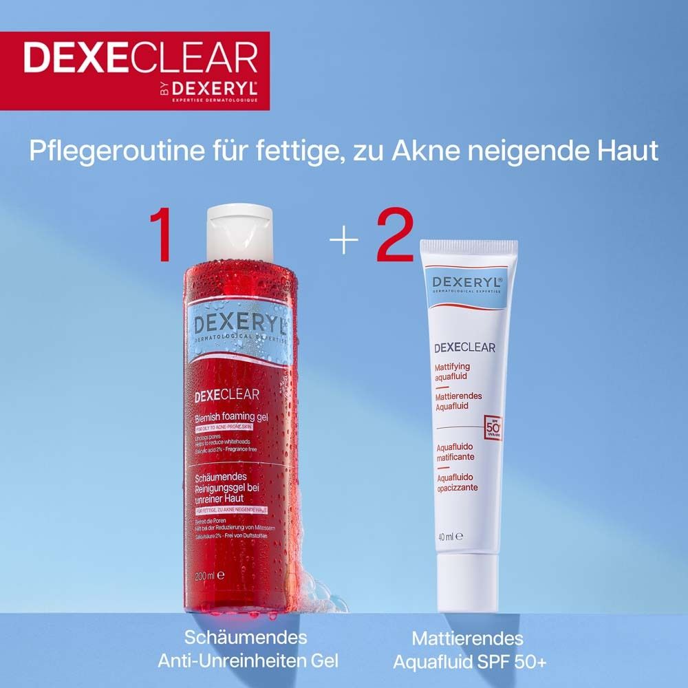 Pflegeroutine für fettige, zu Akne neigende Haut. 2 Produkte: Schaumendes Anti-Unreinheiten Gel und Aquafluid SPF50+.