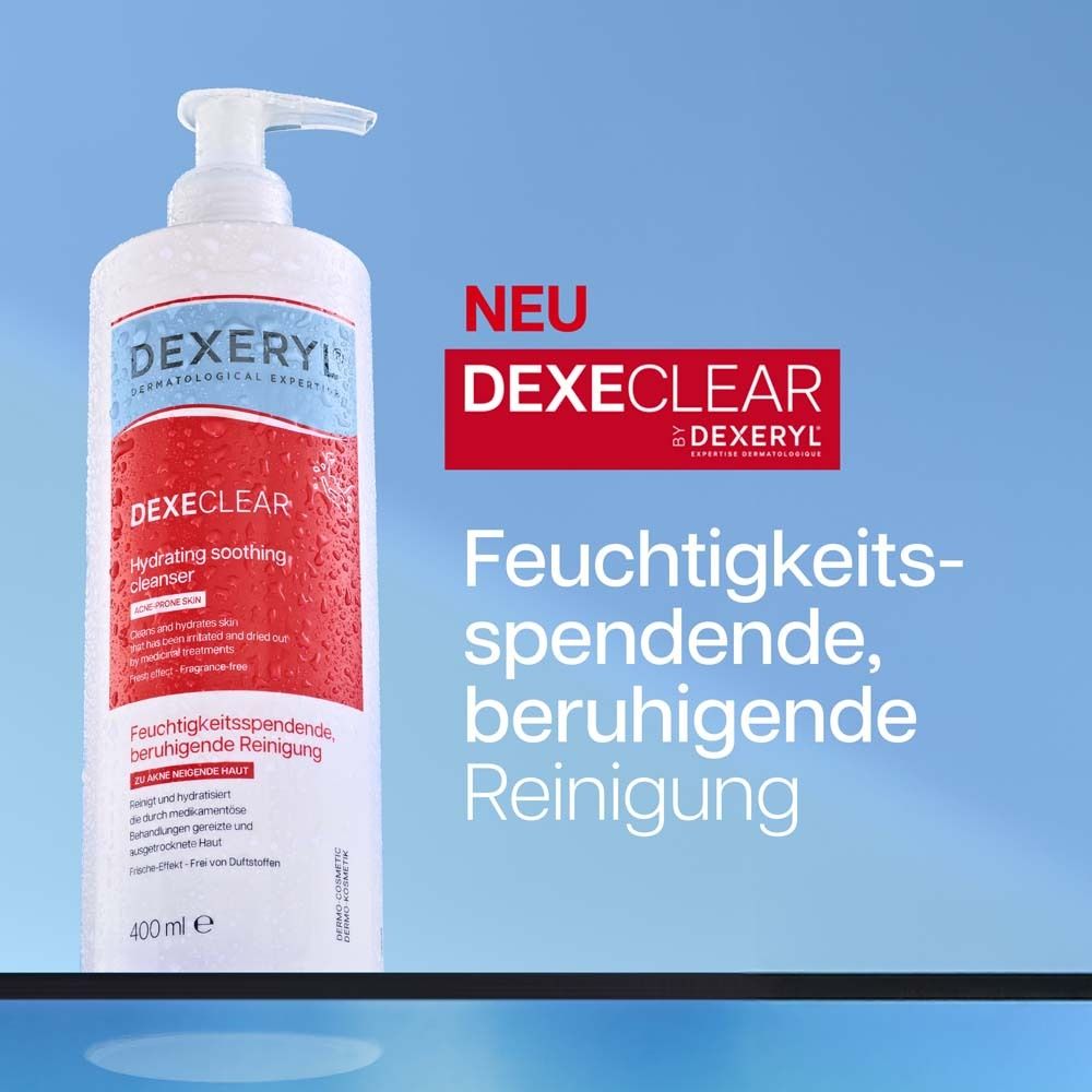 Produktflasche mit roter Aufschrift vor blauem Hintergrund. Text: NEU DEXECLAR.